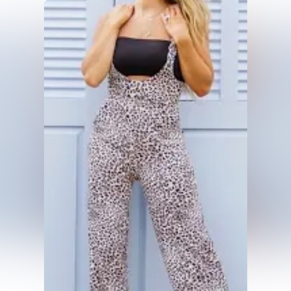 Kittenish XL Leopard Print Romper with Bandeau Pockets Wide Leg Soft